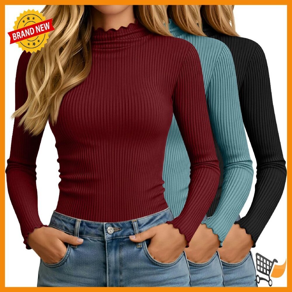 3 Pack Cotton Turtleneck Tops Long Sleeve Ribbed Mock Neck Slim Fit
